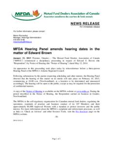 MFDA News Release- MFDA Hearing Panel amends hearing dates in the matter of Edward Brown