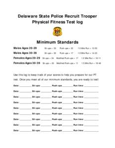 Delaware State Police Recruit Trooper Physical Fitness Test log Minimum Standards Males Ages 20-29
