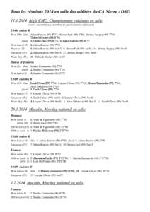 Tous les résultats 2014 en salle des athlètes du CA Sierre - DSG[removed]Aigle CMC, Championnats valaisans en salle (entre parenthèses, nombre de participants valaisans) U16M cadets B 50 m (39) élim. Julien Bonvin 
