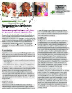 RD Resources for Consumers:  Vegetarian Infants Babies can grow and develop normally if they are given a well-balanced vegetarian diet. Breast milk is the best food for a baby. If breastfeeding