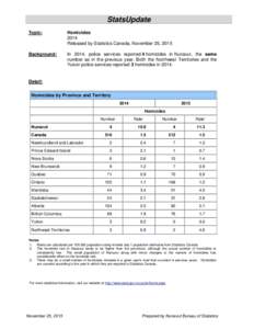 StatsUpdate Topic: Homicides 2014 Released by Statistics Canada, November 25, 2015
