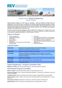REV2017March 2017, Columbia University, New York, NY, USA Special Track “Games Engineering” Call for Papers