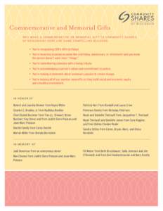 Commemorative and Memorial Gifts Why make a commemorative or memorial gift to Community Shares of Wisconsin? Here are some compelling reasons: •	 You’re recognizing CSW’s 40th birthday! •	 You’re honoring a s