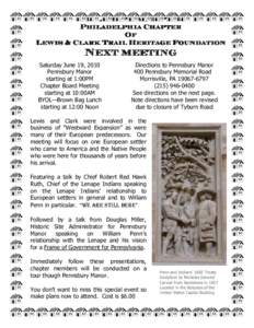 Philadelphia Chapter Philadelphia Chapter Of Lewis & Clark Trail Heritage Foundation  Next meeting