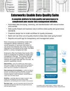 Enterworks Enable Data Quality Suite A complete platform for data quality and governance to complement your master data management initiative.  Automated data de-duping, cleansing, and standardization with manual revi