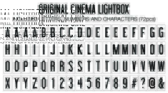 ORIGINAL CINEMA LIGHTBOX  INCLUDED LETTERS, NUMBERS AND CHARACTERS (72pcs) A H