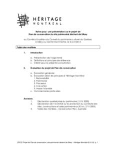 Notes pour une présentation sur le projet de Plan de conservation du site patrimonial déclaré de Sillery au Comité d’audition du Conseil du patrimoine culturel du Québec À Sillery au Centre Montmartre, le 2 avril