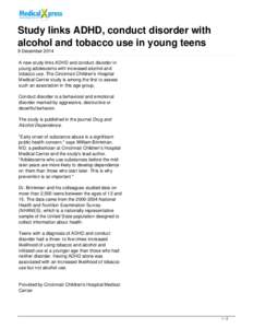 Study links ADHD, conduct disorder with alcohol and tobacco use in young teens