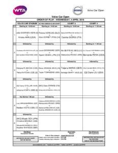 Volvo Car Open ORDER OF PLAY - WEDNESDAY, 4 APRIL 2018 VOLVO CAR STADIUM ALTHEA GIBSON CLUB COURT