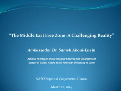“The Middle East Free Zone: A Challenging Reality” Ambassador Dr. Sameh Aboul-Enein Adjunct Professor of International Security and Disarmament School of Global Affairs at the American University in Cairo  NATO Regio