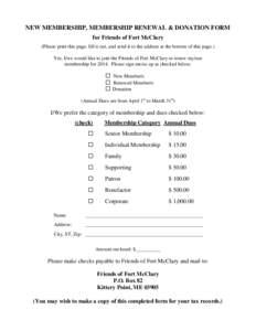 NEW MEMBERSHIP, MEMBERSHIP RENEWAL & DONATION FORM for Friends of Fort McClary (Please print this page, fill it out, and send it to the address at the bottom of this page.) Yes, I/we would like to join the Friends of For