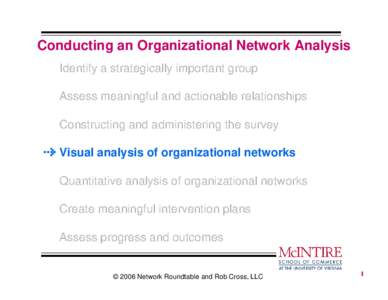 Conducting an Organizational Network Analysis Identify a strategically important group Assess meaningful and actionable relationships Constructing and administering the survey Visual analysis of organizational networks Q