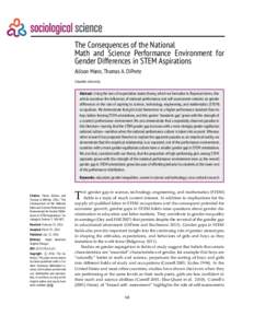 The Consequences of the National Math and Science Performance Environment for Gender Differences in STEM Aspirations Allison Mann, Thomas A. DiPrete Columbia University