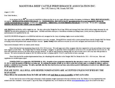 MANITOBA BEEF CATTLE PERFORMANCE ASSOCIATION INC. Box 1190, Carberry, MB, Canada, R0K 0H0 August 15, 2013 Dear Cattle Producer, th