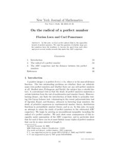 New York Journal of Mathematics New York J. Math–30. On the radical of a perfect number Florian Luca and Carl Pomerance Abstract. In this note, we look at the radical (that is, the squarefree