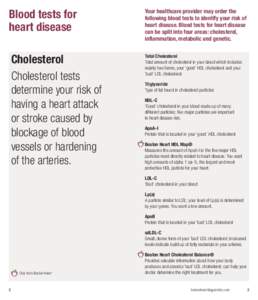 Blood tests for heart disease Cholesterol Cholesterol tests determine your risk of having a heart attack