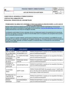 PROCESO FOMENTO CINEMATOGRÁFICO LISTA DE PROYECTOS ACEPTADOS Código  FC-FO-3