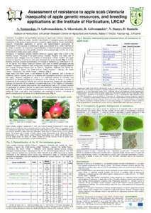Assessment of resistance to apple scab (Venturia inaequalis) of apple genetic resources, and breeding applications at the Institute of Horticulture, LRCAF A. Sasnauskas, D. Gelvonauskiene, S. Sikorskaite, B. Gelvonauskis