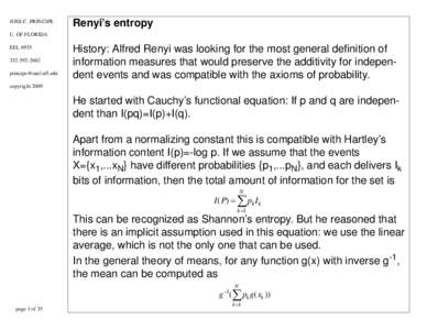 JOSE C. PRINCIPE  Renyi’s entropy U. OF FLORIDA EEL 6935