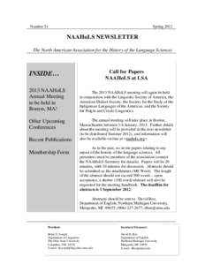 Number 51  Spring 2012 NAAHoLS NEWSLETTER The North American Association for the History of the Language Sciences