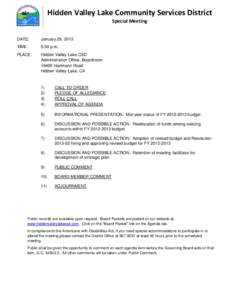 Hidden Valley Lake Community Services District Special Meeting DATE:  January 29, 2013