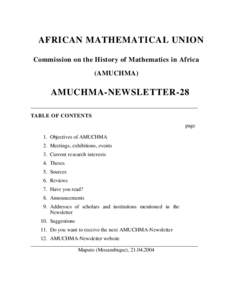 AFRICAN MATHEMATICAL UNION Commission on the History of Mathematics in Africa (AMUCHMA) AMUCHMA-NEWSLETTER-28 _______________________________________________________________