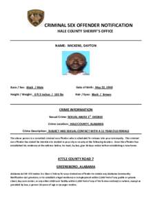 CRIMINAL SEX OFFENDER NOTIFICATION HALE COUNTY SHERIFF’S OFFICE NAME: MICKENS, DAYTON  Race / Sex: Black / Male