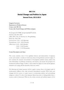 SSC 316  Social Change and Politics in Japan Second Term, [removed]Lingnan University