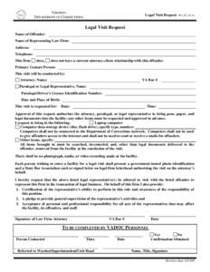 VIRGINIA DEPARTMENT OF CORRECTIONS Legal Visit Request  851_F3_12-11