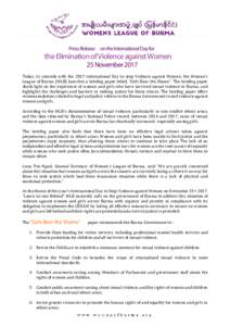 Press Release on the International Day for  the Elimination of Violence against Women 25 NovemberToday, to coincide with the 2017 International Day to stop Violence against Women, the Women’s