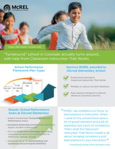 SCHOOL IMPROVEMENT | SUCCESS STORY  “Turnaround” school in Colorado actually turns around... with help from Classroom Instruction That Works School Performance Framework Plan Types