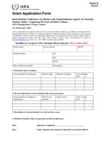 Form C CN-237 International Atomic Energy Agency Grant Application Form International Conference on Human and Organizational Aspects of Assuring