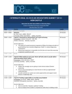 INTERNATIONAL CLINICIAN EDUCATORS SUMMIT 2015: NEWCASTLE Newcastle City Hall, Room UH241 in University House Corner of Auckland and King St, Newcastle NSW Saturday March 28, 2015 Time