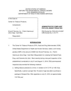 Administrative Complaint For Civil Money Penalties FDA Docket No. FDA-2014-H-2287 CRD Docket No. C