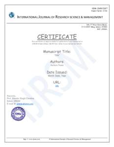 ISSN: Impact Factor: 2.715 INTERNATIONAL JOURNAL OF RESEARCH SCIENCE & MANAGEMENT 169, 3rd Floor Dawa Bazar, 13-14 RNT Marg, Indore