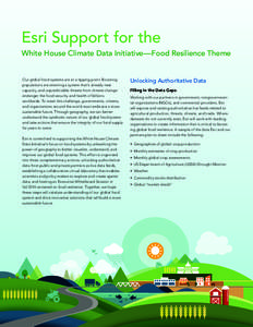 Esri Support for the White House Climate Data Initiative—Food Resilience Theme Our global food systems are at a tipping point. Booming populations are straining a system that’s already near capacity, and unpredictabl