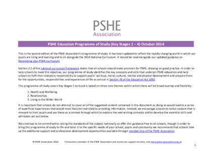PSHE Education Programme of Study (Key Stages 1 – 4) October 2014 This is the second edition of the PSHE Association’s programme of study. It has been updated to reflect the rapidly changing world in which our pupils