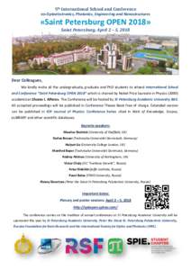 5th International School and Conference on Optoelectronics, Photonics, Engineering and Nanostructures «Saint Petersburg OPEN 2018» Saint Petersburg, April 2 – 5, 2018