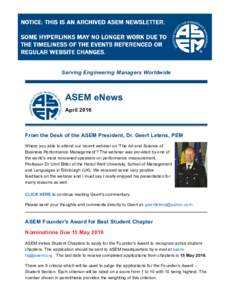 Serving Engineering Managers Worldwide  ASEM eNews April 2016  From the Desk of the ASEM President, Dr. Geert Letens, PEM 