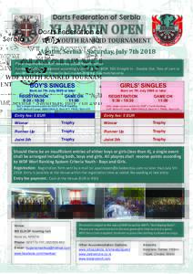 Darts Federation of Serbia  XI APATIN OPEN WDF YOUTH RANKED TOURNAMENT Apatin, Serbia - Saturday, July 7th 2018 Place: Kuglana MS ELKOP · Nova bb · 25260 Apatin · Serbia