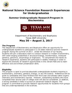 National Science Foundation Research Experiences for Undergraduates Summer Undergraduate Research Program in Biochemistry  Department of Biochemistry and Biophysics