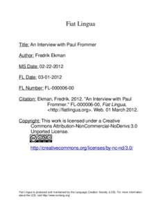 Fiat Lingua Title: An Interview with Paul Frommer Author: Fredrik Ekman