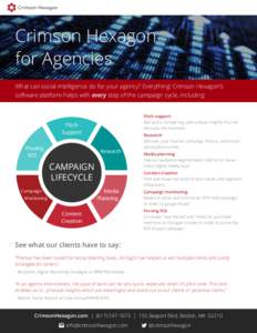 Crimson Hexagon for Agencies What can social intelligence do for your agency? Everything! Crimson Hexagon’s software platform helps with every step of the campaign cycle, including:  Pitch support