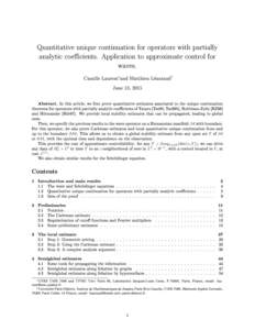 Quantitative unique continuation for operators with partially analytic coecients. Application to approximate control for waves. ∗  †