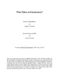 What Makes an Entrepreneur?  David G. Blanchflower and  Andrew J. Oswald