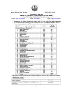 NOTIFICATION NO.: DATE: GOVERNMENT OF TAMIL NADU  MEDICAL SERVICES RECRUITMENT BOARD (MRB)
