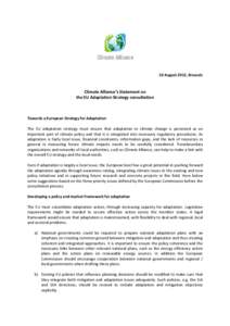 10 August 2012, Brussels  Climate Alliance’s Statement on the EU Adaptation Strategy consultation  Towards a European Strategy for Adaptation