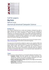 Call for papers: Big Data Special issue Journal of Universal Computer Science Background