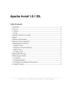 Apache Avro# 1.8.1 IDL Table of contents 1 Introduction........................................................................................................................2