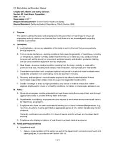 UC Davis Policy and Procedure Manual Chapter 290, Health and Safety Services Section 52, Heat Illness Prevention Date: Supersedes: Responsible Department: Environmental Health and Safety